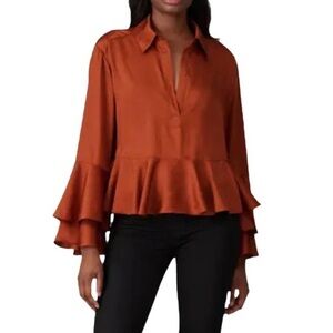Cinq a Sept Kirin Top Blouse Burnt Orange Bell Sleeves Ruffle Hem